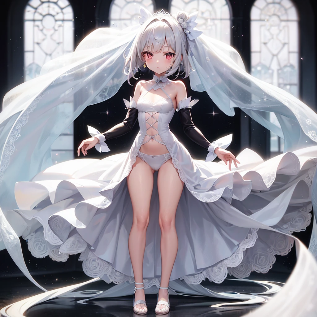 (((White Wedding Dress))), ((Revealing clothing)),((In a naughty way)),Cute little ,Tiny Lori,Small girl,,Childish face, Very fine clean face,Top quality, Big eyes,Straight Hair,Yellow hair,Crimson Eye,(Dark Room), Subtle light, Natural light,Soft lighting,Light from directly behind, (Are standing), Cute pose, (Open your hands), Showing the whole body,Front view,Black background