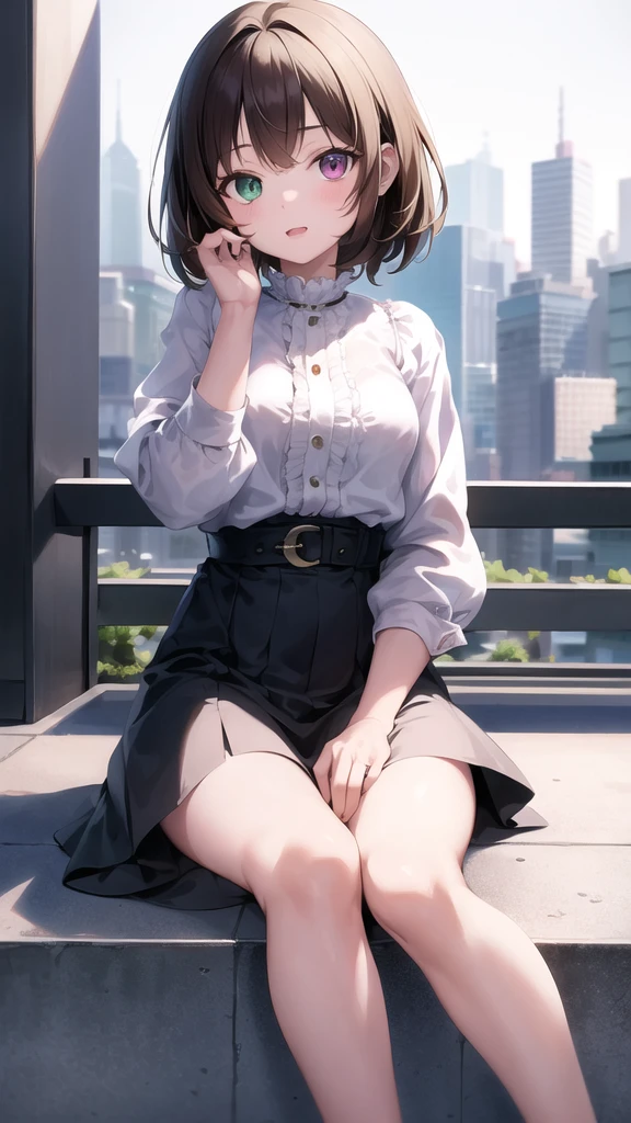 best quality,masterpiece,8k wallpaper,absurdres, highres, ultra detailed, (1 young beautiful girl, solo:1.1), yuna (ff10),heterochromia, green eyes, brown hair, short hair, blue eyes, jewelry, ring,dress shirt,overall skirt,hand between legs,cityscape, skyscraper,east_asian_architecture, street,BREAK
