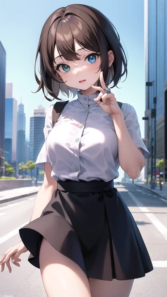 best quality,masterpiece,8k wallpaper,absurdres, highres, ultra detailed, (1 young beautiful girl, solo:1.1), yuna (ff10),heterochromia, green eyes,  brown hair, short hair, blue eyes, jewelry, ring,dress shirt,overall skirt,hand between legs,cityscape, skyscraper,east_asian_architecture, street,BREAK