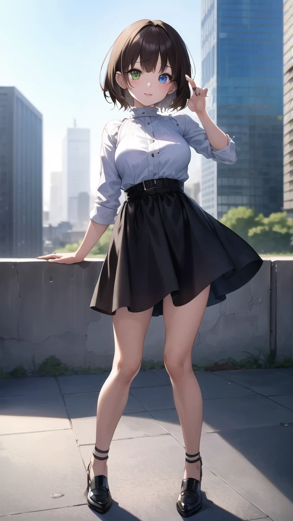 best quality,masterpiece,8k wallpaper,absurdres, highres, ultra detailed, (ung beautiful girl, solo:1.1), yuna (ff10),heterochromia, green eyes,  brown hair, short hair, blue eyes, jewelry, ring,dress shirt,overall skirt,hand between legs,cityscape, skyscraper,east_asian_architecture, street,BREAK