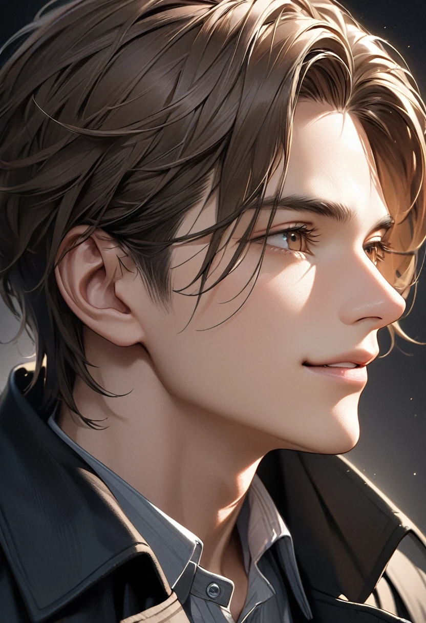 A handsome mature young boy takes a photo of his upper body, a close-up of a brown-haired man wearing a black trench coat( perfect anatomy ) Face side close-up. Detailed face. realistic eyes.
The face and eyes are very detailed. Delicate skin.、Delicate skin texture smile, Black trench coat dark shadow background, black soft light, Professional photography master'Artworks, texture, complicated, Clear,
High-quality masterpieces,Extremely complicated and exquisitely detailed, Super detailed, Super detailed digital art