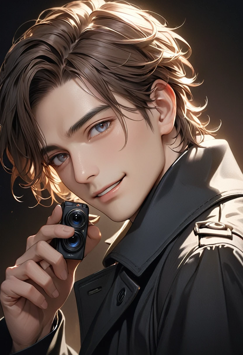 A handsome mature young boy takes a photo of his upper body, a close-up of a brown-haired man wearing a black trench coat( perfect anatomy ) Face side close-up. Detailed face. realistic eyes.
The face and eyes are very detailed. Delicate skin.、Delicate skin texture smile, Black trench coat dark shadow background, black soft light, Professional photography master'Artworks, texture, complicated, Clear,
High-quality masterpieces,Extremely complicated and exquisitely detailed, Super detailed, Super detailed digital art