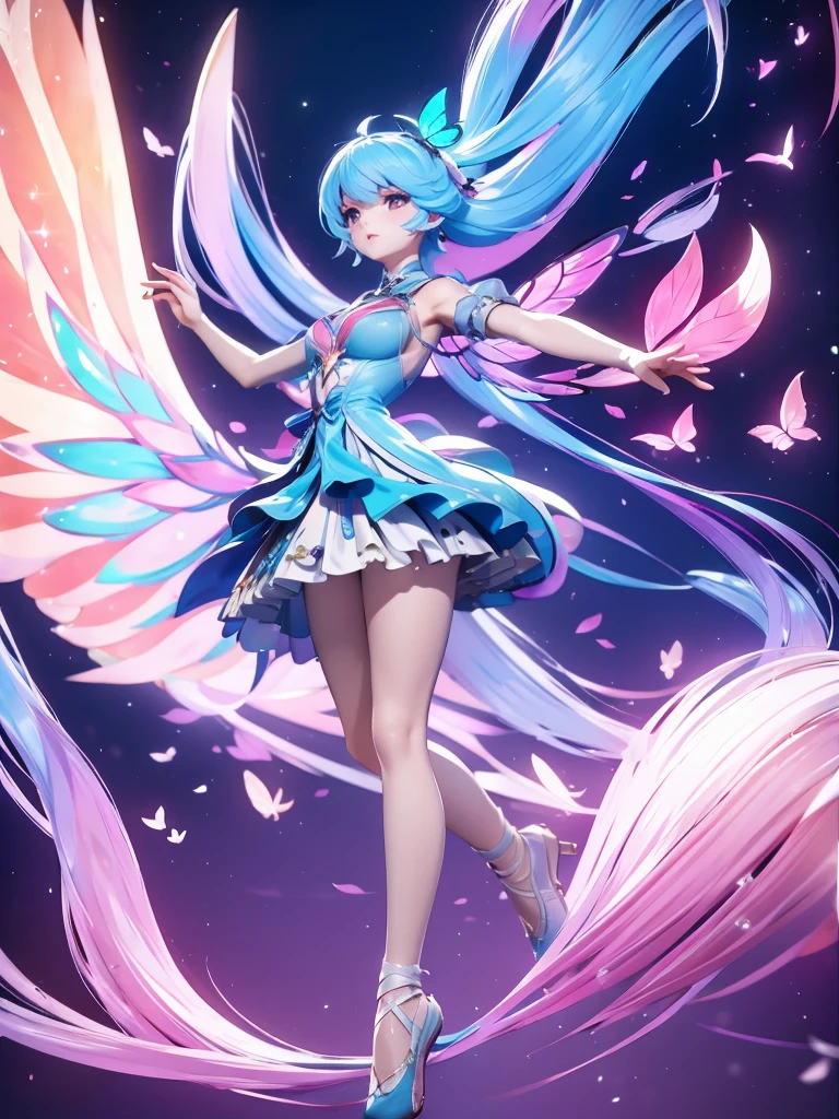 Seizo Watase style, Simple Line Initialism，Abstract art, 3d character, colorful hearts ,(((The most beautiful girl of all time))),  (full body 1.2), only girl, long hair, bufferfly and sky background, 25 year old, full body, (((8k))), (((3d)), blue and pink hair, Large butterfly wings on the back, moon, ballet dance, one hand raised above, look drom back