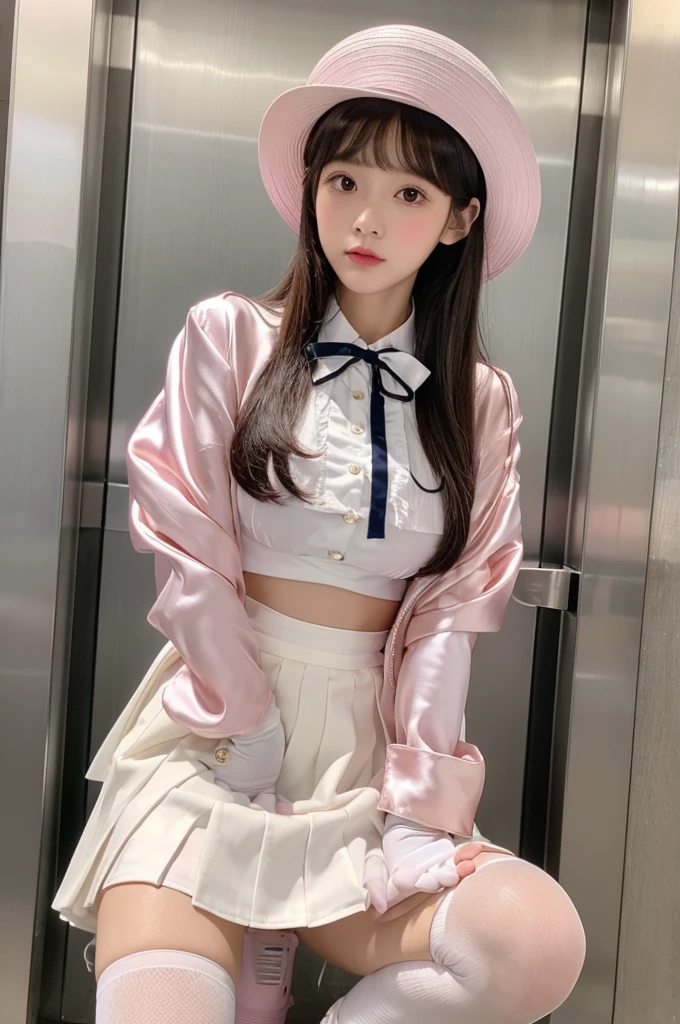 Highest quality、Elevator Girl、Shiny pink silk jacket、White blouse with ribbon、Micro Mini Skirt、A small round hat with a ribbon、Skinny、White gloves、White over-the-knee socks、Flushed Cheeks、Embarrassed look、Big Breasts、Pull the skirt down with your hands