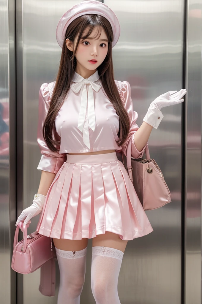Highest quality、Elevator Girl、Shiny pink silk jacket、White blouse with ribbon、Micro Mini Skirt、A small round hat with a ribbon、Skinny、White gloves、White over-the-knee socks、Flushed Cheeks、Embarrassed look、Big Breasts、Pull the skirt down with your hands