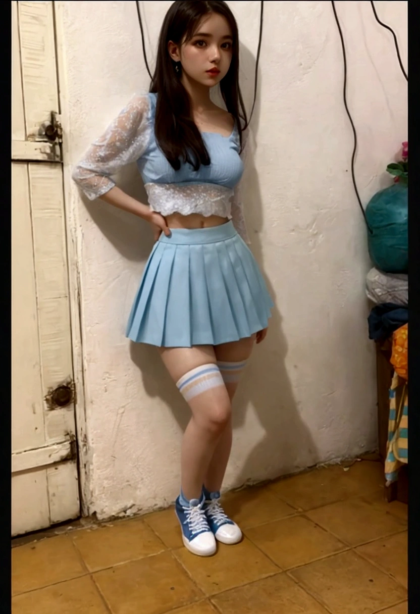 arafed woman in a blue skirt and white top posing for a picture, pale blue outfit, blue outfit, thigh and skirt, wearing skirt and high socks, outfit photo, costume clothing, intriguing outfit, Clothing with ruffles, she has pale blue skin!!!, a blue skirt, photo by full body, wearing a crop top and miniskirt, full body beautiful young woman