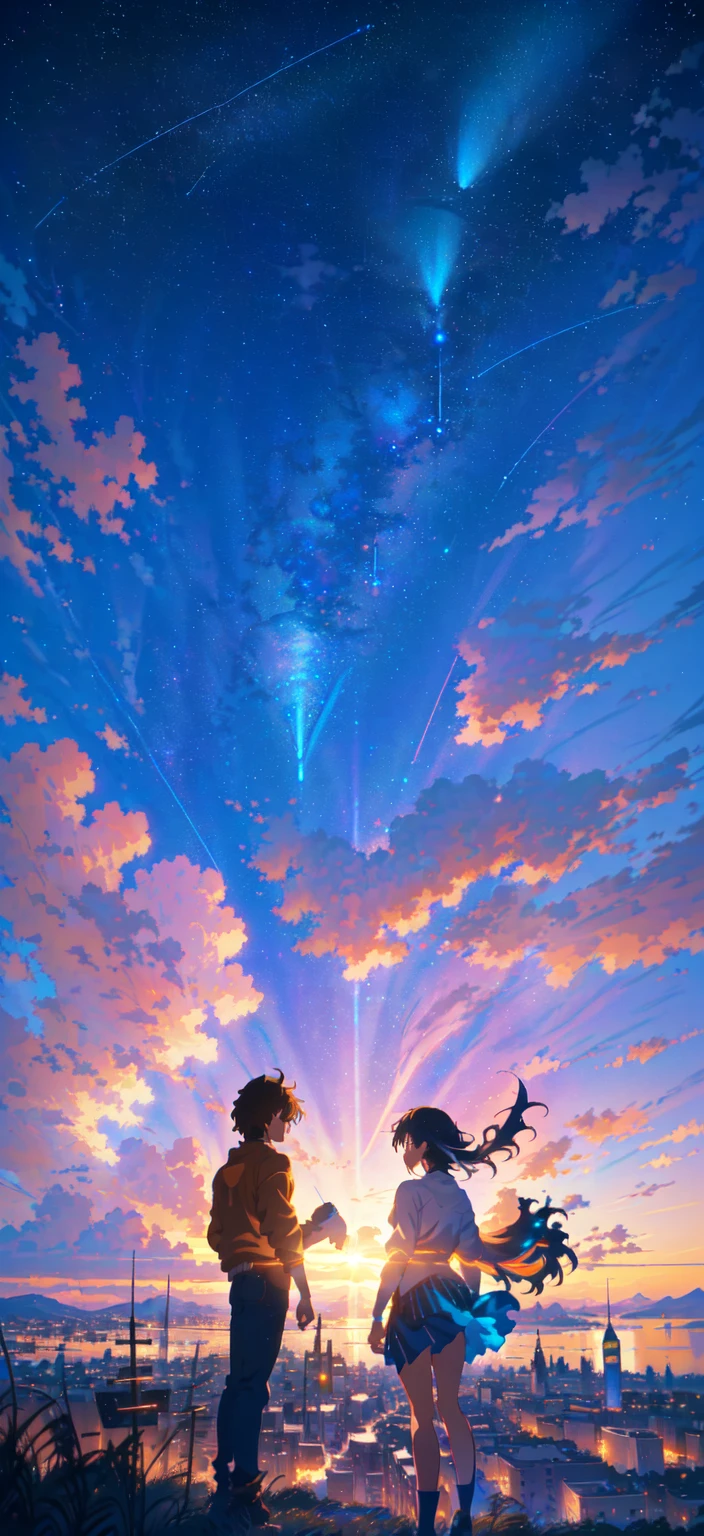 Animated cartoon standing on a hill with a comet in the sky, 「Your Name。」, Anime movie background, colorful Anime movie background, UFOTABLE art style, makoto shinkai and bioware, ( ( makoto shinkai ) ), Anime Background, Guweiz and Makoto Shinkai，Turn people off，Fantastic use of colors，No people needed，Only the scenery．