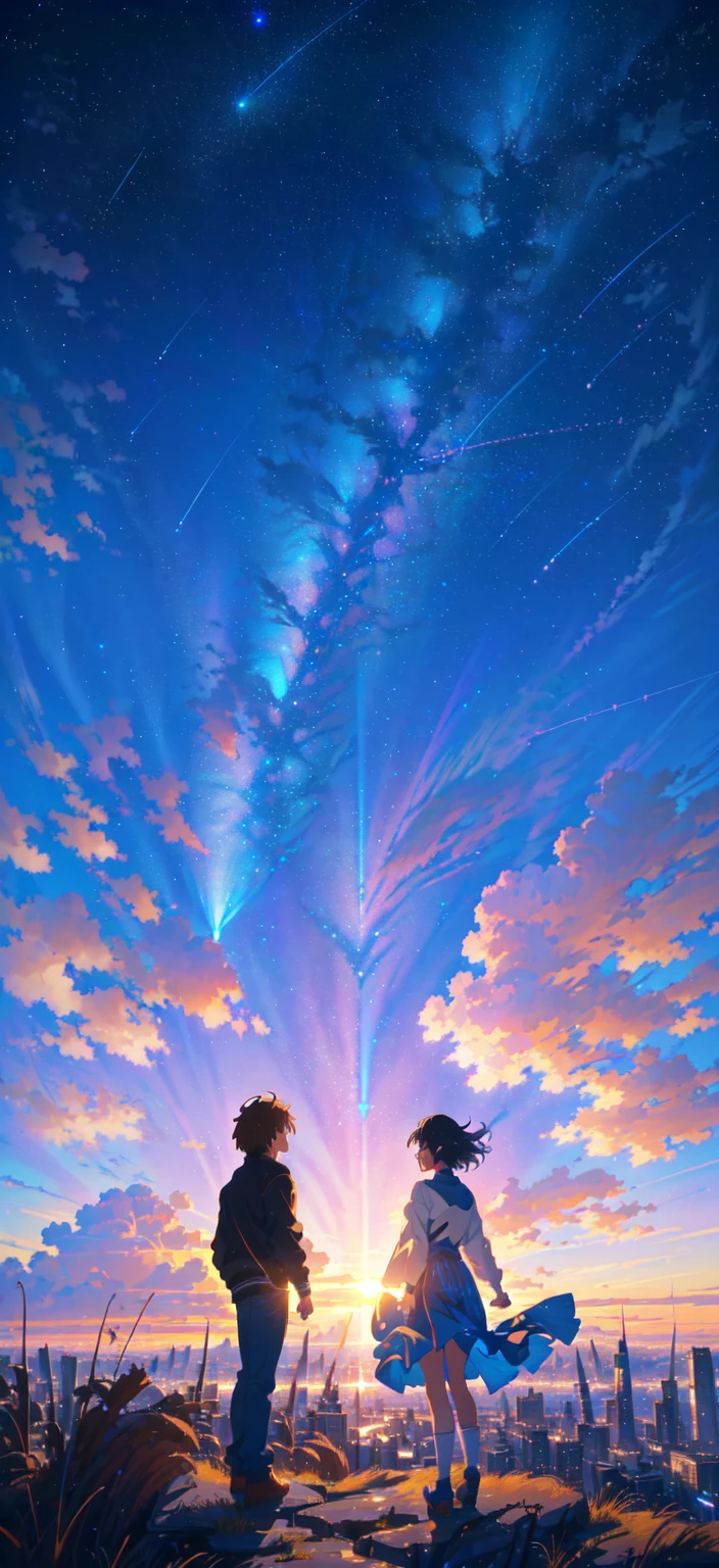 Animated cartoon standing on a hill with a comet in the sky, 「Your Name。」, Anime movie background, colorful Anime movie background, UFOTABLE art style, makoto shinkai and bioware, ( ( makoto shinkai ) ), Anime Background, Guweiz and Makoto Shinkai，Turn people off，Fantastic use of colors，No people needed，Only the scenery．