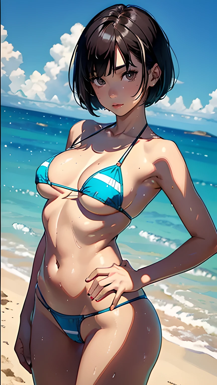 (masterpiece, highest quality:1.2), (High resolution, 8k RAW photo, Photorealistic, Clear focus, Weak outline:1.3), (Natural light, Fabric Shading), (highest quality, masterpiece, High resolution)、(anime art)、 (reality)、beautiful woman、(1 woman)、18-year-old、(put your hands on your hips)、(Detailed depiction of a beautiful face)、smile、(I'm laughing)、breasts、slim body shape、medium short hair、semi-long、tow-tone-color hair、Wet、Sweat、bikini、micro bikini、A pareo skirt with bold ethnic patterns and plenty of primary colors、realistic skin、Wet、full body、No zoom、No close-ups、cinematic light、Tropical shades、(blank background)、(white background)、perfect face, cute and symmetrical face, shiny skin, tanned skin, (short hair:1.2, bob cut:1.2, brown hair), asymmetrical bangs, ((oily skin))
