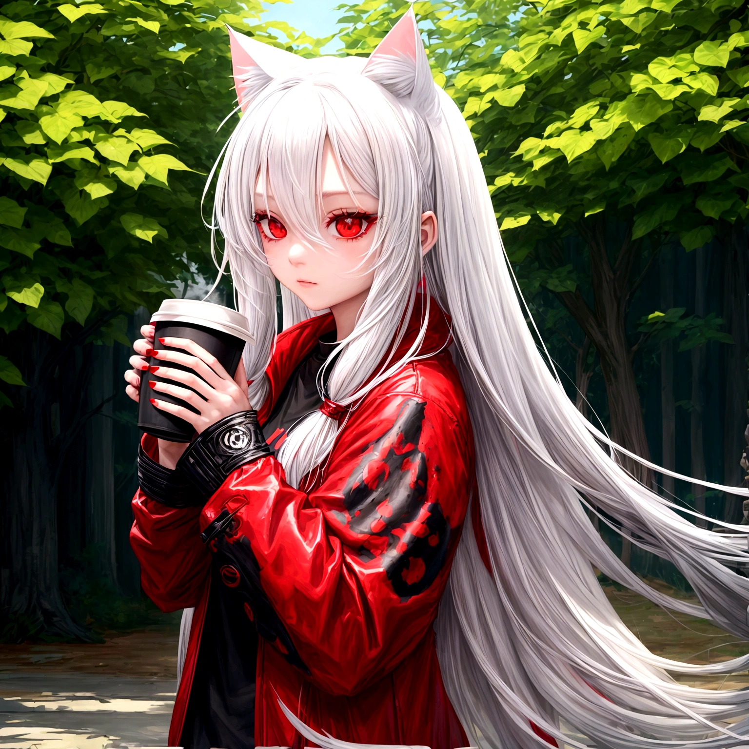 1 girl, beautiful, cool, long hair, white hair, cat ear, red eye, black jacket, red t-shirt, holding a coffee, nature place, perfect, anti glitch