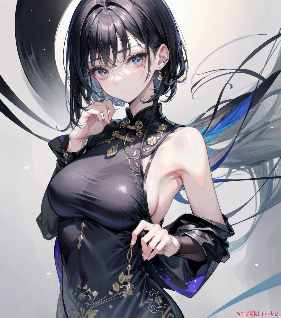absurdres, RAW photo, extremely delicate and beautiful, masterpiece, Best Quality, ultra high resolution, 32k, hyperrealistic, ultra-detailed, late 20s, very Slim body, narrow waist, very small head, handsome detailed woman, very detailed eyes and face, realistic face proportions, Stunning detailed eyes, Realistic beautiful face, very small face, Realistic small beautiful eyes, delicate facial features, tearful mole, earring, very huge round breasts, ((((full body shot)))), medium hair, black hair, ((cheongsam)),
