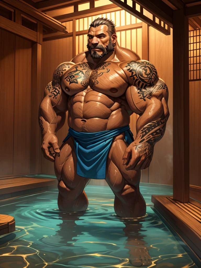 An old man soaking in an onsen, half submerged, (huge muscular), (yakuza tattoo), (full body tattoo+), detailed muscles, 8k, masterpiece:1.2, hyperrealistic, highly detailed full body, floating steam, rich colors, serene atmosphere, traditional Japanese setting, wooden hot spring, soft ambient lighting, wrinkled skin, tranquil expression, reflective water, peaceful relaxation
