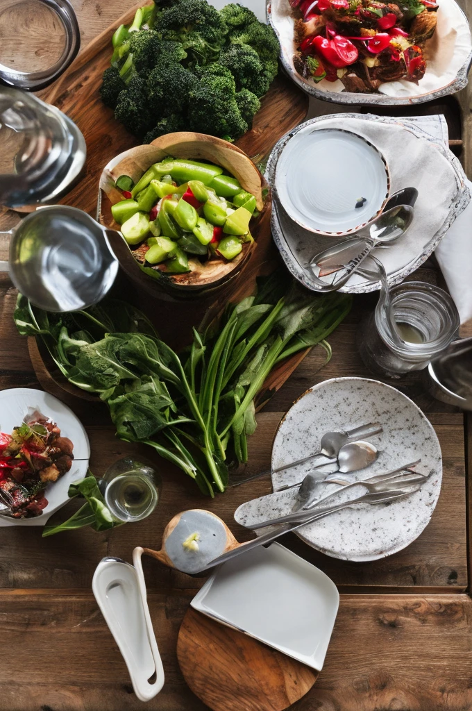 Head-up view,Modern kitchen tabletop,Posing for photos,food photography,Clean dishes,、