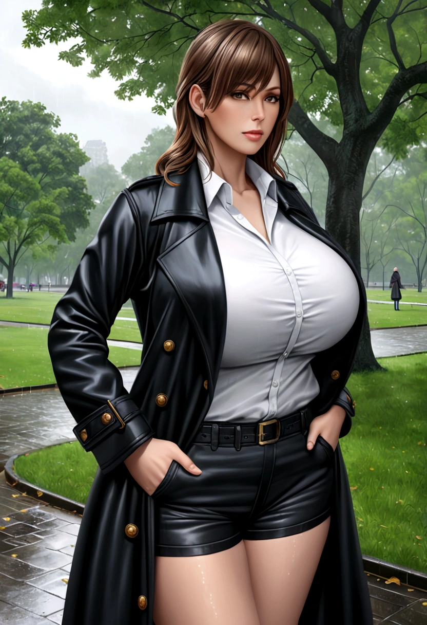 beautiful busty milf in Black Trench Coat, standing in a park, rainy day, photorealistic, masterpiece, cowboy_shot, gigantic breasts, black short pants, white shirts