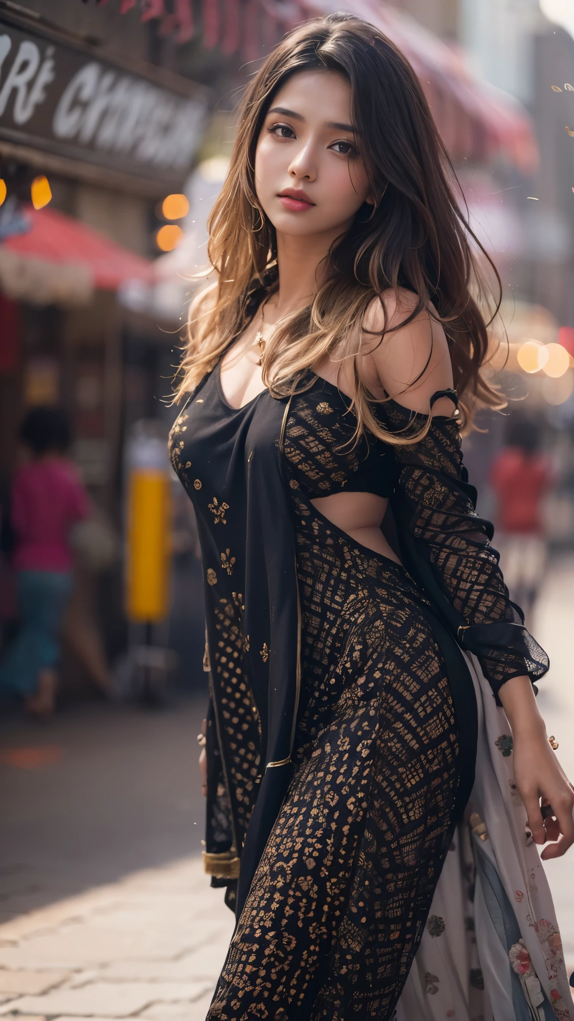 (((Desi Girl))), attractive face, natural skin, Wearing a hot deep neck top and dupatta., Attractive black hair, ((The ends of my hair are blonde)), city street background, bokeh, whole body, big breasts