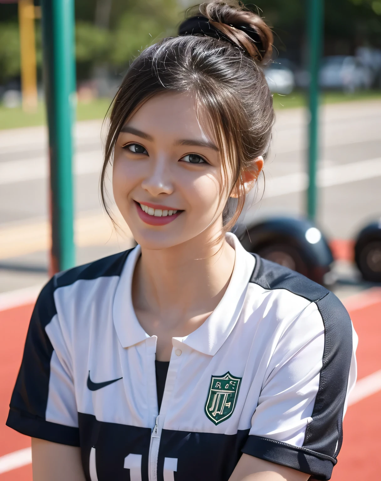 (((full body lesbian)))、pose、athlete、beautiful breasts、Japanese beautiful girl、beautiful legs、((ponytail))、perfect style、Track and field uniform、beautiful legs、kawaii、((track & women's track and field athletes))、(((1 person)))、((stadium))、Super cute、smile slightly、full body lesbian、playground、((Outstanding style))、((healthy body))、 Realism、Beautiful and delicate eyes、Surrealism、high contrast、ultra high definition、Realistic skin texture、Top image quality、top quality、ultra high resolution、fine details、very attentive