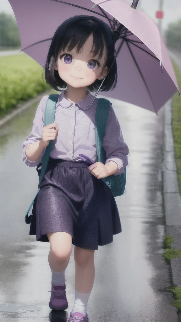 An incredibly charming  5 year g carrying a backpack, accompanied by her adorable puppy, she is walking under rainy day with a purple umbrella on the Street. The illustration is in high definition at 4k resolution, with highly-detailed facial features and cartoon-style visuals. Animation 3d style 