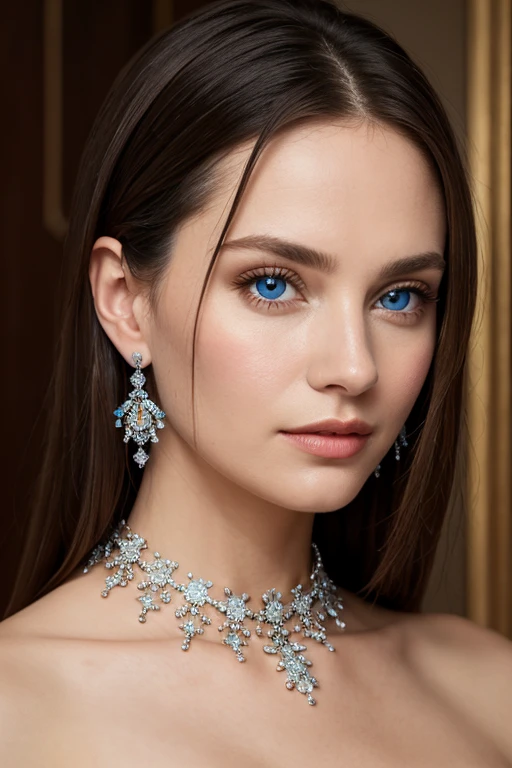 (masterpiece、top-quality), intricate detailes, realisitic, Photorealsitic, Close-up portrait of a woman wearing earrings, Covered with crystal, Silver color, blue eyess, Platinum Jewelry, flawless structure, Look at viewers