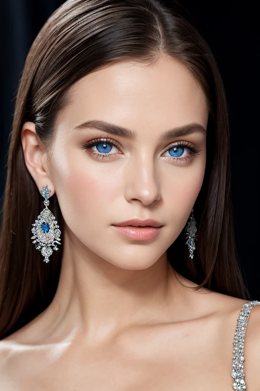 (masterpiece、top-quality), intricate detailes, realisitic, Photorealsitic, Close-up portrait of a woman wearing earrings, Covered with crystal, Silver color, blue eyess, Platinum Jewelry, flawless structure, Look at viewers