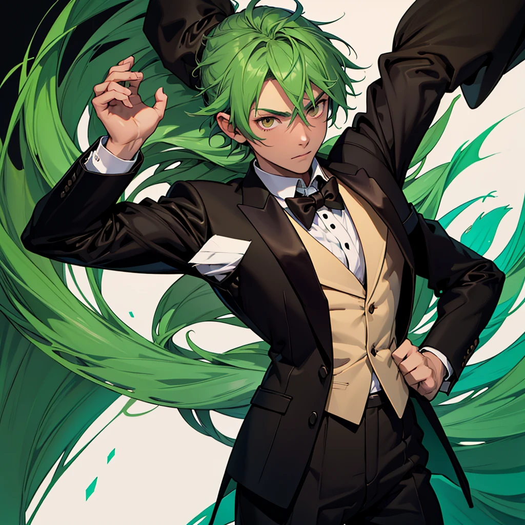 A 13 year old , , fragile body, small and fragile body, small green hair, brown eyes, medieval period, wearing a suit, black suit, tuxedo, wearing a black tuxedo, medieval background, Ultra HD 4k, 4k, Ultra HD