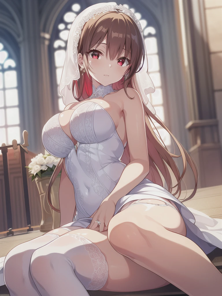 A girl，Long hair, Bangs, Orange Hair, Hair between the eyes, (Red Eyes:1.5),  (Large Breasts:1.2), 
rest  锁骨, Wedding dress，veil，wedding，White Dress，Flowers，The skirt is broken，White socks，Tights，White knee socks，
Looking at the audience, whole body,
indoors, church，permanent，permanent，
rest (masterpiece:1.2), best quality, high resolution, Unity 8K wallpaper, (illustration:0.8), (Beautiful and delicate eyes:1.6), Extremely detailed face, Perfect lighting, Extremely detailed CG, (Perfect hands, Perfect anatomical structure),