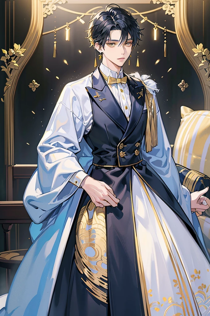 best quality, masterpiece, extremely detailed, short messy black hair, bedroom soft yellow eyes, fancy light blue and white Japanese style suit, gold corset, small waist, gold earrings, hands behind back, proper pose, full body view, male, masculine man, one person, standing alone, one man