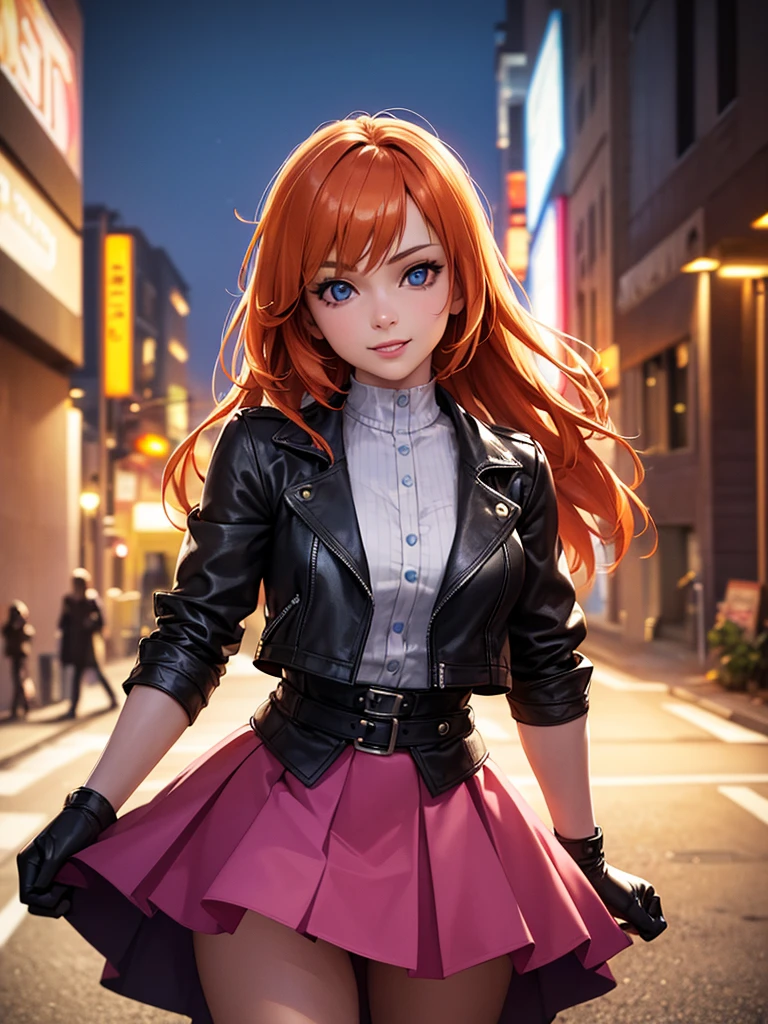 a beautiful girl with short orange hair and blue eyes, beautiful detailed eyes, beautiful detailed lips, extremely detailed eyes and face, longeyelashes, wearing a pink skirt, jacket, and gloves, striking a dynamic pose, looking at the viewer with a smile, night city environment, volumetric lighting, cinematic, hyperrealistic, extremely detailed, vivid colors, professional photography, concept art, masterpiece, (best quality,4k,8k,highres,masterpiece:1.2),ultra-detailed,(realistic,photorealistic,photo-realistic:1.37)