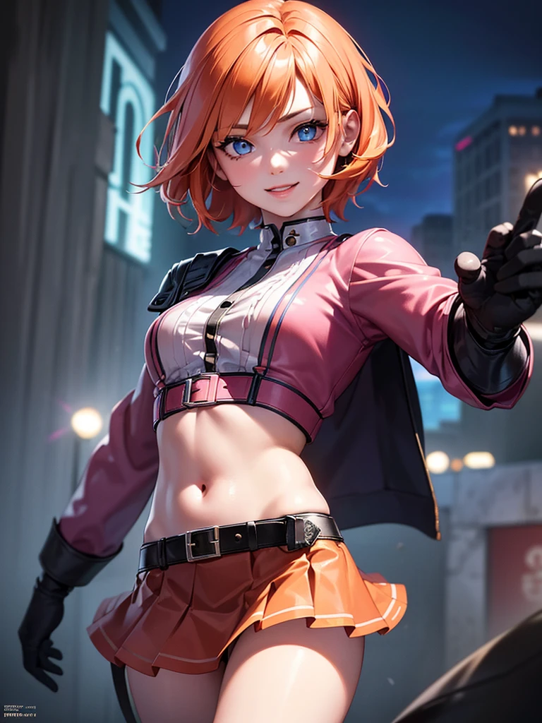 a beautiful girl with short orange hair and blue eyes, beautiful detailed eyes, beautiful detailed lips, extremely detailed eyes and face, longeyelashes, wearing a pink skirt, jacket, and gloves, striking a dynamic pose, looking at the viewer with a smile, night city environment, volumetric lighting, cinematic, hyperrealistic, extremely detailed, vivid colors, professional photography, concept art, masterpiece, (best quality,4k,8k,highres,masterpiece:1.2),ultra-detailed,(realistic,photorealistic,photo-realistic:1.37)