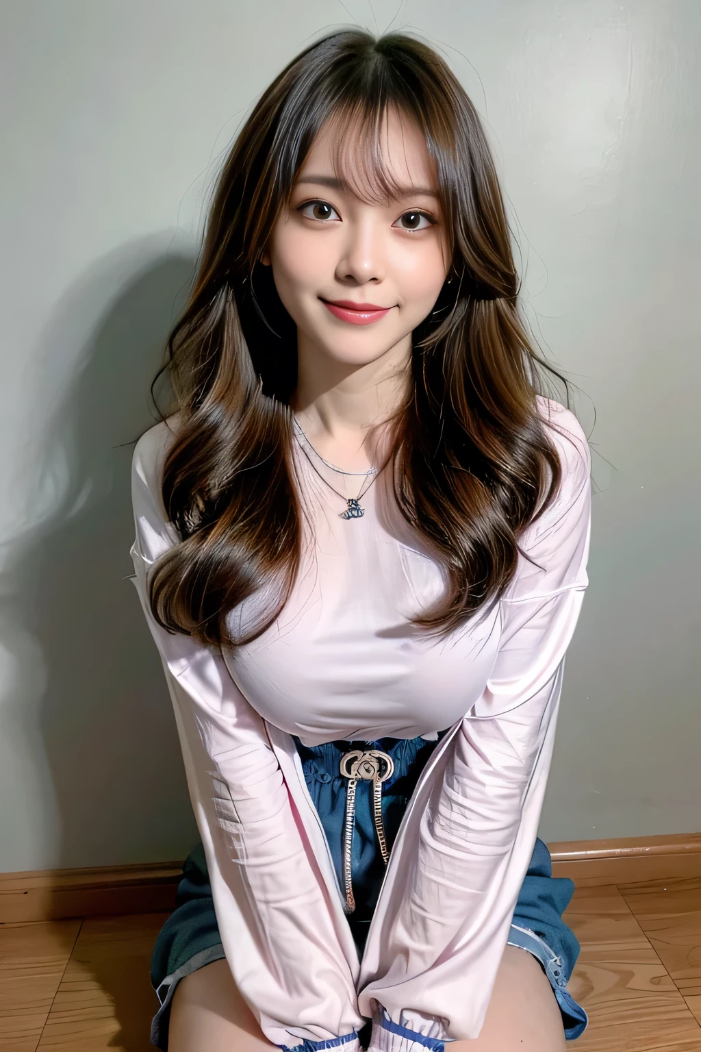 seed;88117315,((Full Body Angle))、((Front hair:1.3))、((Highest quality, 8K, masterpiece: 1.3)), concentrated: 1.2, Cute girl 1,??????? ?????、 Perfect beauty: 1.4,T-Shirts、Shorts、pajamas: 1.2,Long sleeve、Randall Color、comics＆Text Graphics、Black ruffle-trimmed drawstring zip blouse,1.1, Highly detailed face and skin textures, Fine grain, double eyelid, whitening skin, ,Highest quality,Ultra-high resolution,you,1 girl,alone,_Shiny_skin,Iris,necklace,((brown_length_Wavy_hair)),(lips)),eyelash,Front hair,deal with,compensate,Shiny,pore,skin,?????????????、((smiling face))、living、