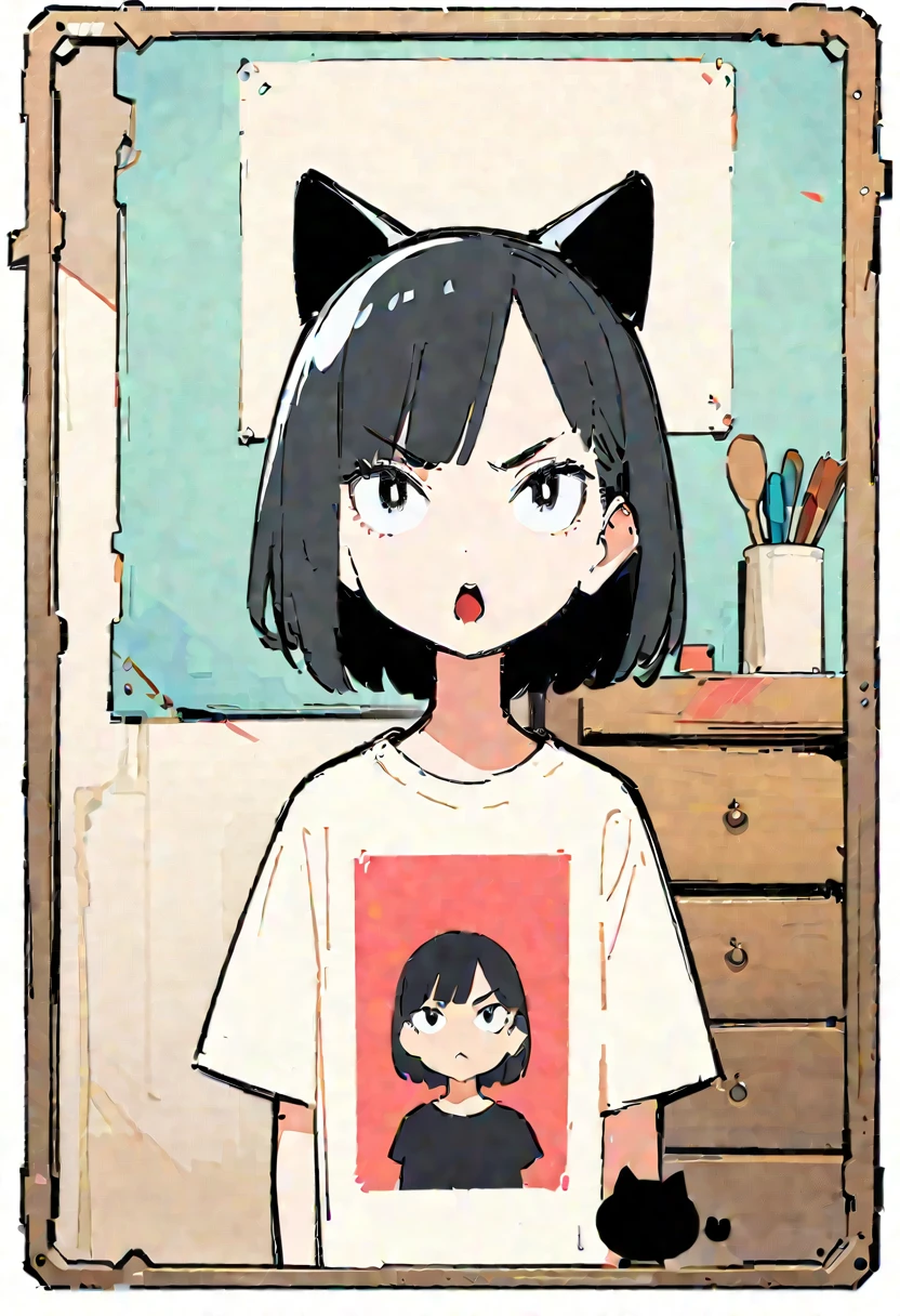((Serious expression,Mouth open,Are standing)),(Thick painting style),Bold line, ((masterpiece,)),(((Highest quality))),(sketch),((Woman in her 20s)),Short black hair,Black cat ears,T-Shirts,jeans,(((Character Portrait,Full Art,room))),Messy Machine,