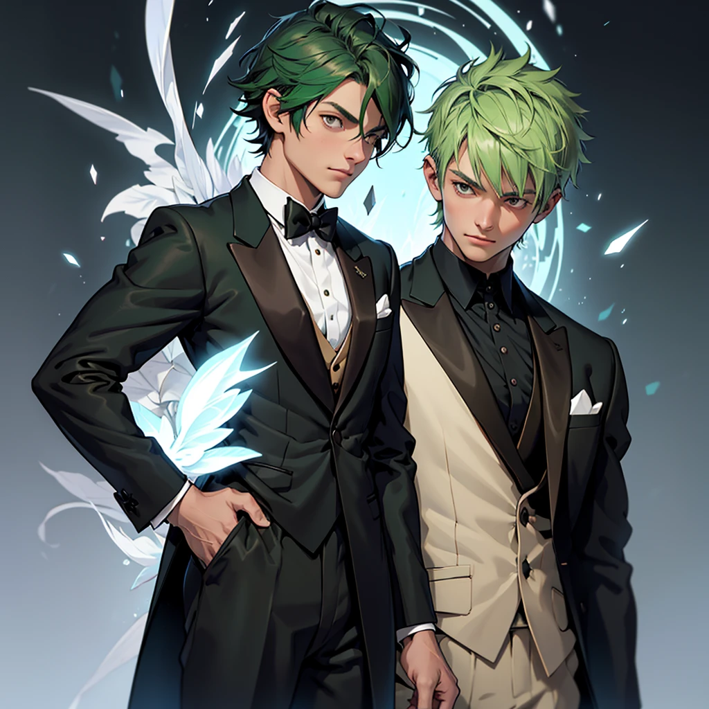 A 13 year old , , fragile body, small and fragile body, small green hair, short hair, brown eyes, medieval period, wearing a suit, black suit, tuxedo, wearing a black tuxedo, medieval background, Ultra HD 4k , 4k, Ultra HD
