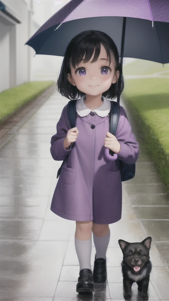 An incredibly charming little 5 year girl, carrying a backpack, accompanied by her adorable puppy, she is walking under rainy day with a purple umbrella on the Street. The illustration is in high definition at 4k resolution, with highly-detailed facial features and cartoon-style visuals. Animation 3d style 