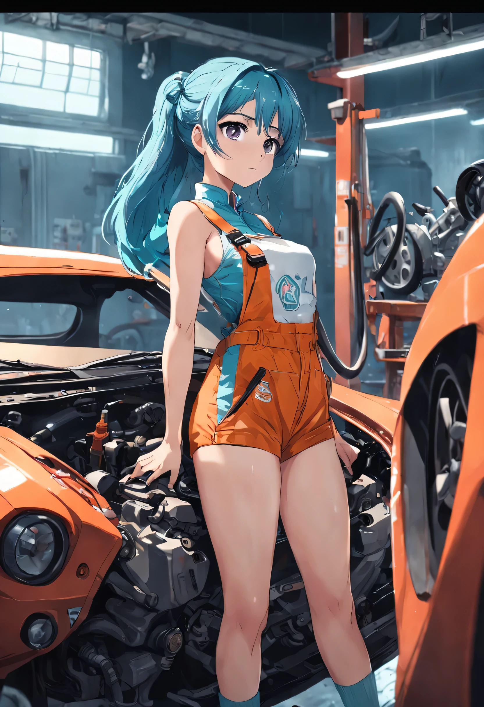 A masterpiece Mechanic girl fixing a car, perfect body, perfect head, wearing a mechanic's overalls, HD