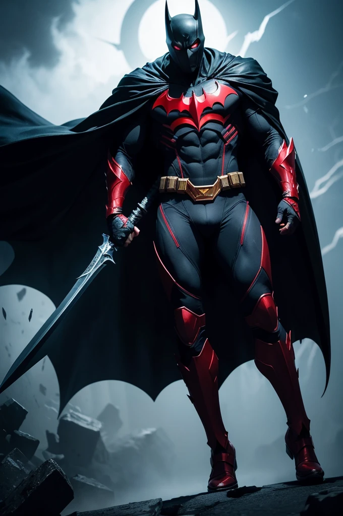 { "prompt": "Create a full-body image of a superhero with a mysterious and intense aura, combining elements of Spawn and Batman. The superhero should have an aesthetic similar to Moon Knight but with a primary color scheme of black and red. The character should have a dark and intriguing presence, featuring sleek, modern armor and a flowing cape. Focus on dark, hum herói sem medo, usando espada gigante em suas mãos.