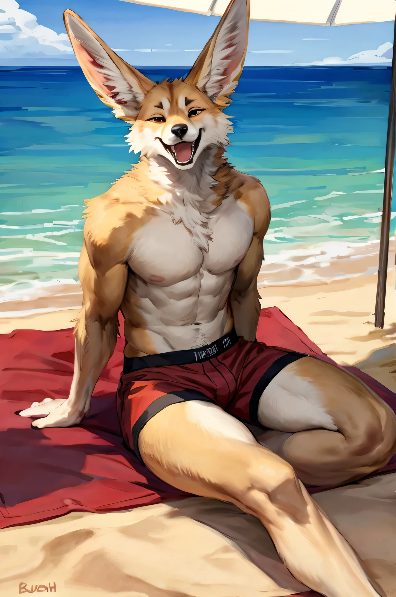 (solo, furry, anthro, hyper realistic, realistic fur), male, front view, muscular body, Fennec, smug, smirk, laughing, wide open mouth, wearing ((dark red)) boxer shorts, hands behind back, sitting on towel, beach, blurred background, by bebebebebe:1.2, by buta99,by foxovh, by ruan jia