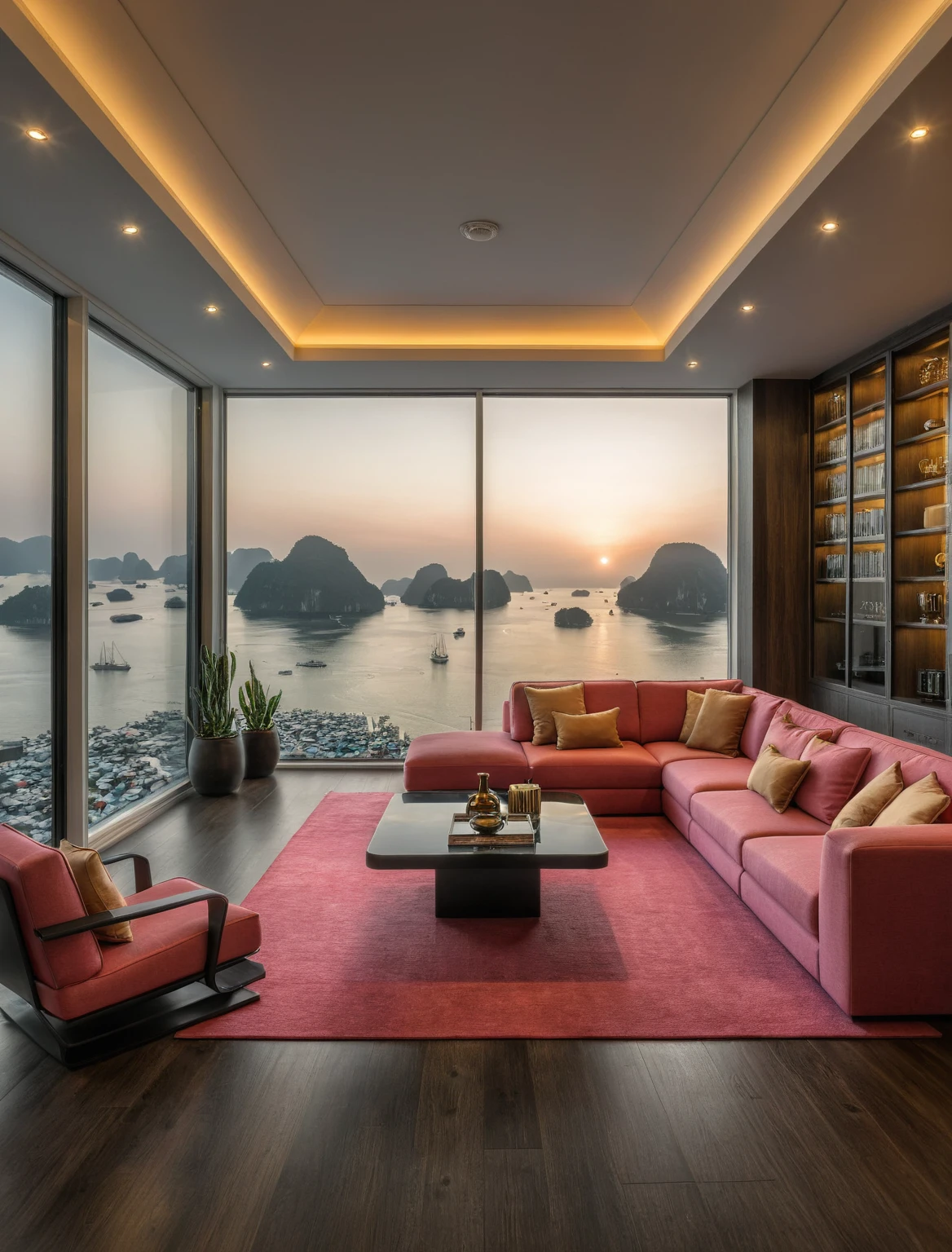 Raw photo,Masterpiece, high quality, best quality, authentic, super detail, interior, livingroom style modern luxury , sunset, evening light, sofa, tea table, carpet, flower vase on tea table, wine bottle, tray, armchair, wine cabinet, books, glass cabinet doors, snake plant pot, downlight, windows overlooking the sunset halong bay, (((black and pink tones))), black wooden floor,