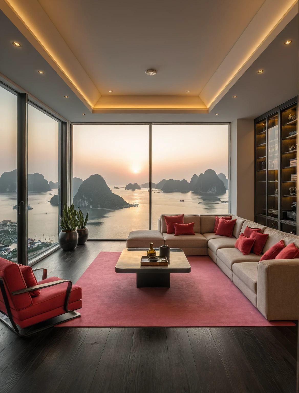 Raw photo,Masterpiece, high quality, best quality, authentic, super detail, interior, livingroom style modern luxury , sunset, evening light, sofa, tea table, carpet, flower vase on tea table, wine bottle, tray, armchair, wine cabinet, books, glass cabinet doors, snake plant pot, downlight, windows overlooking the sunset halong bay, (((black and pink tones))), black wooden floor,