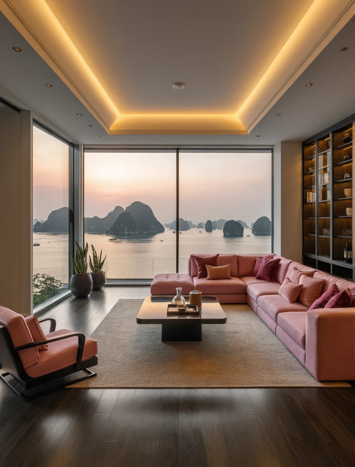 Raw photo,Masterpiece, high quality, best quality, authentic, super detail, interior, livingroom style modern luxury , sunset, evening light, sofa, tea table, carpet, flower vase on tea table, wine bottle, tray, armchair, wine cabinet, books, glass cabinet doors, snake plant pot, downlight, windows overlooking the sunset halong bay, (((black and pink tones))), black wooden floor,