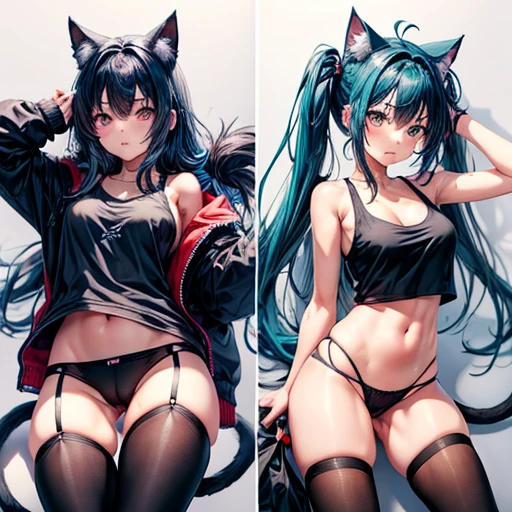 masterpiece,One girl,alone ,Heart-shaped pupils,Open the front,hoodie,, Static Restraints,Exposing her breasts Dark blue hair girl, Cat ears and tail, Wearing a tank top and racing pants. body type Twin tails Female genitalia is visible Detailed depiction of female genitalia Flat Chest Stern expression With legs apart カレーを食べている