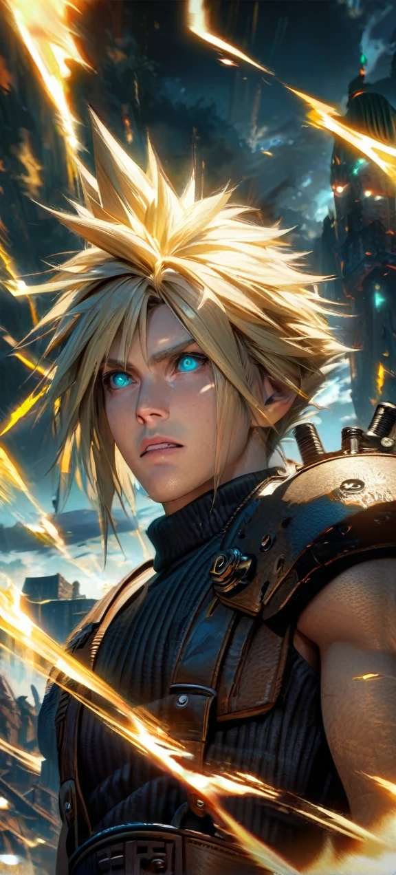 Symetrical,absurdres, highres, ultra detailed, HDR, masterpiece, extremely detailed face and eyes, Cloud Strife,final fantasy 7, yellow hair , , solo, man, handsome, ,, , Epic fight scene, yellow lightning effect, glowing glitters