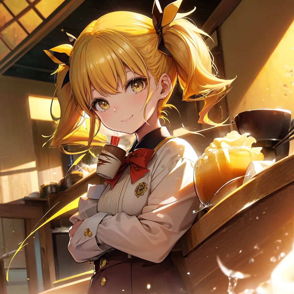 (((Shinomiya Kikoru)))　((Yellow Hair　Twin tails　Cap))　(smile　Drink coffee)　Shining Background　Shining Edge