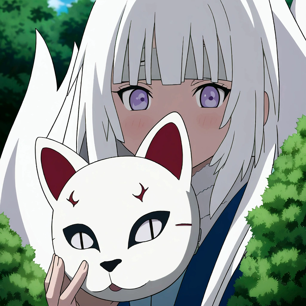 anime character with white hair and a mask holding a white cat, white fox anime, with kitsune mask, anime character, female anime character, from naruto, 坏蛋动漫8 K, white haired fox, anime character art, fox and bush, not anime style, anime style character, epic anime style, anime-style artwork.