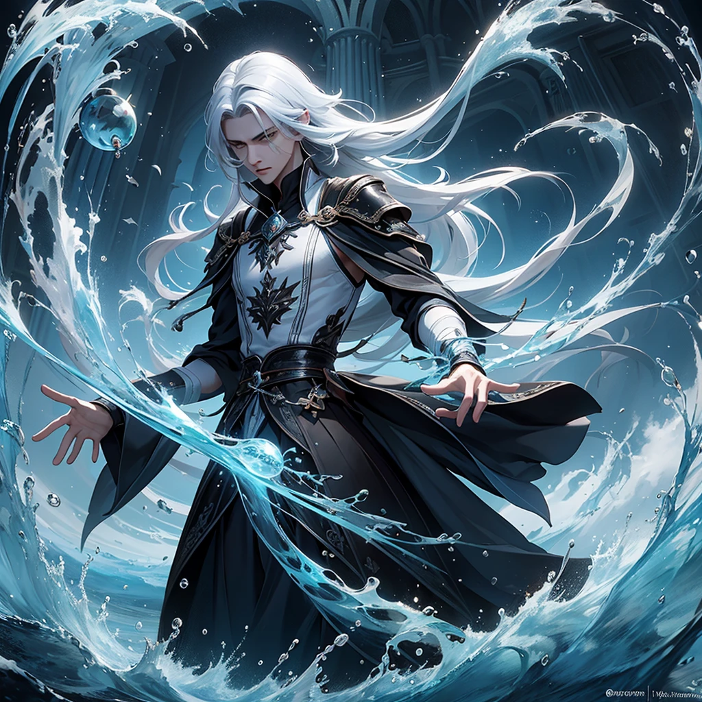 (masterpiece,best qualitiy:1.4),(absurdress,high resolution,ultra detaile:1.2),(1 handsome man with white hair:1.4),(Use black magic:1.4),Water magic,Playful illustration of the magician,Imaginative overlays,artistic fusion,Fantastic scenes,evocative narratives,striking visual effects,Haut du corps,