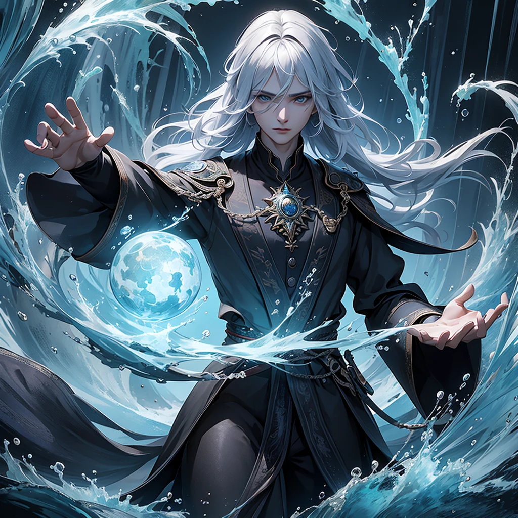 (masterpiece,best qualitiy:1.4),(absurdress,high resolution,ultra detaile:1.2),(1 handsome man with white hair:1.4),(Use black magic:1.4),Water magic,Playful illustration of the magician,Imaginative overlays,artistic fusion,Fantastic scenes,evocative narratives,striking visual effects,Haut du corps,