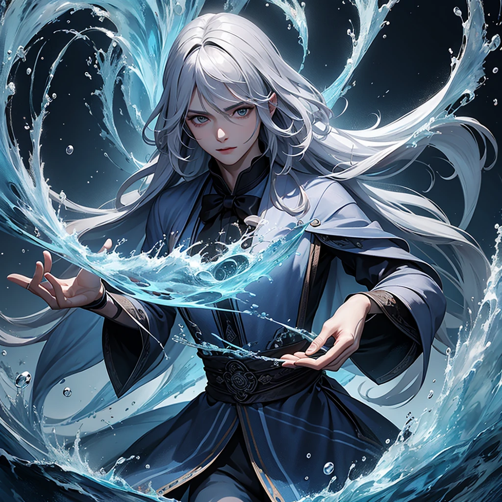 （masterpiece，best qualitiy：1.4），（absurdress，high resolution，ultra detaile：1.2），（1 handsome man with white hair：1.4），（Use black magic：1.4），Water magic，Playful illustration of the magician，Imaginative overlays，artistic fusion，Fantastic scenes，evocative narratives，striking visual effects，Haut du corps，