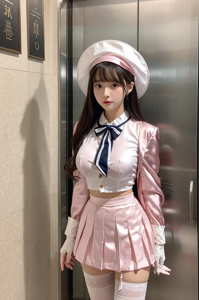 Highest quality、Elevator Girl、Shiny pink silk jacket、White blouse with ribbon、Round collar、Micro Mini Skirt、A small round hat with a ribbon、Skinny、White gloves、White over-the-knee socks、Flushed Cheeks、Embarrassed look、Big Breasts、Pull the skirt down with your hands