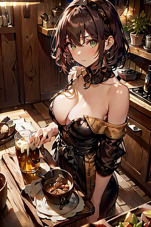 (from above:1.2), (perky chest:1.2), (pointed chest:1.2), 1girl, Bust A Cup, Amazing Cleavage:1.1, thin waist, big ass, Raised cute, small breast: 1.1 posed cleavage:1.2、solo, looking at viewer, have a cute glass of cute beer glass,black hair, dark green eyes, dress, bare shoulders, jewelry, collarbone, side locks, hairband, earrings, indoors, off shoulder, arms behind back, plants, short hair with long locks, gild hairband, off-shoulder dress, sweater dress, off-shoulder sweater, red sweater, dark gold hair, big side hair, very long side hair,is rendered in (masterpiece: 1.2, best quality), with (ultra high resolution) and an exquisite (depth of field). This masterpiece is not only visually stunning but also tells,A scene of cooking in the kitchen