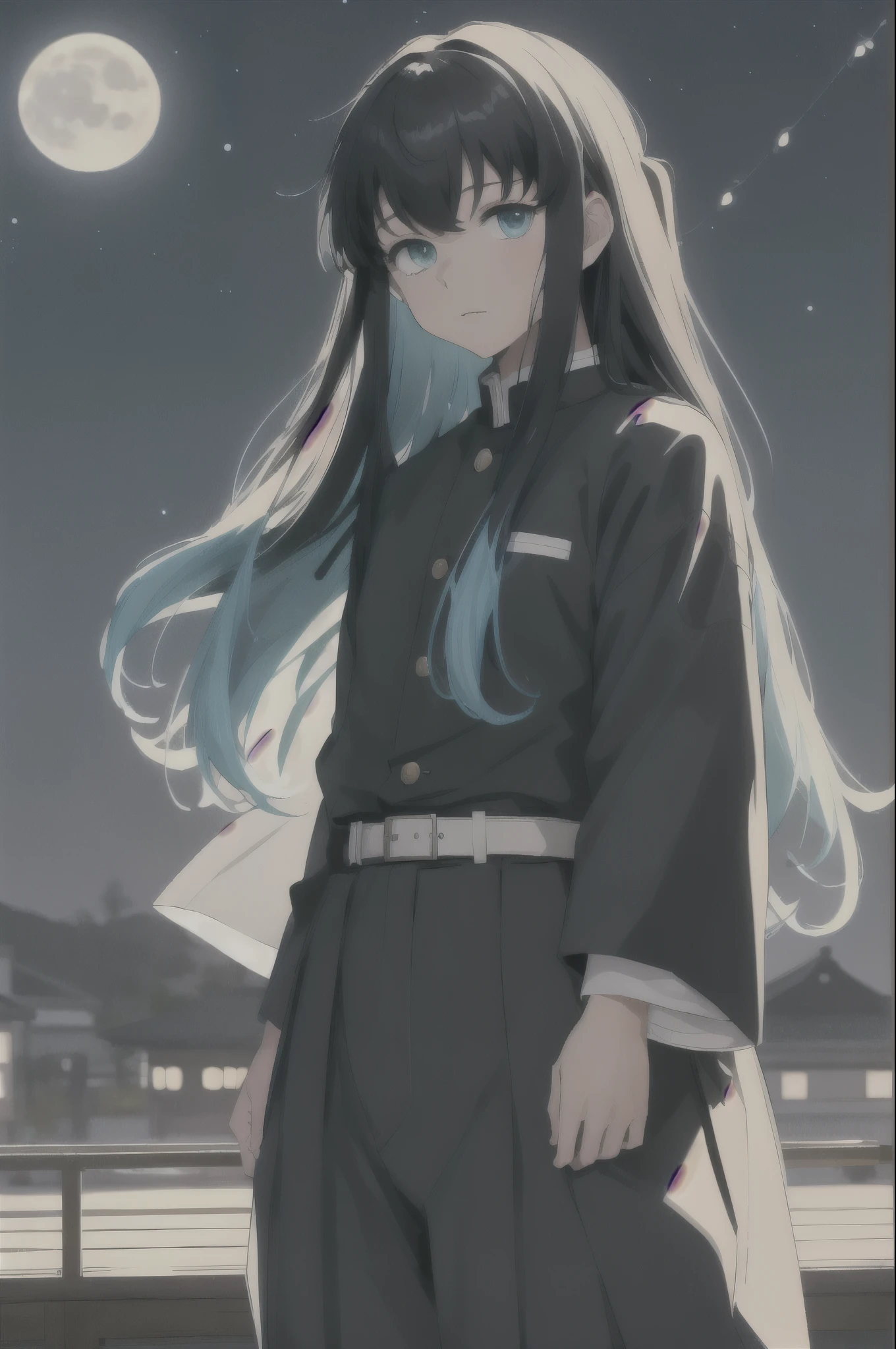 masterpiece, Highest quality, (One boy:1), Demon Slayer uniform, alone, Long Hair, View your viewers, bangs, Black Hair, Aqua Eye, Multicolored Hair, come_Muichiro, arms , Male Focus, pants, Japan Village Background, at night, Moonlight,