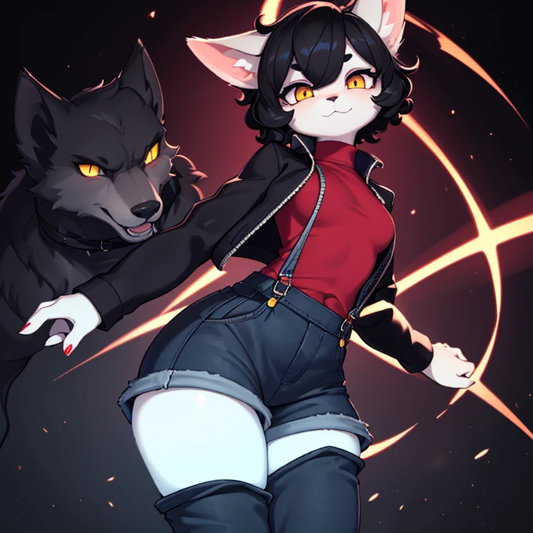 (masterpiece), (best quality), (high res) (solo), (perfect anatomy) (perfect face), sheep, (black hair), black wool) (curly short hair), fair skin, woman, (1boy1girl), flat chest, wide hips, thick thighs, (yellow top), (light blue skirt overalls), yellow glowing in the dark eyes, happy, Wolf, (desaturated blue fur with white accents), man, strong, (black jacket with red lights), red shirt, white pants, red glowing in the dark eyes, (long eyebrows)