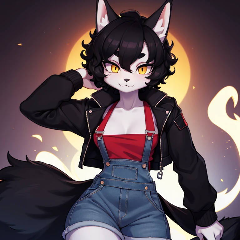 (masterpiece), (best quality), (high res) (solo), (perfect anatomy) (perfect face), sheep, (black hair), black wool) (curly short hair), fair skin, woman, (1boy1girl), flat chest, wide hips, thick thighs, (yellow top), (light blue skirt overalls), yellow glowing in the dark eyes, happy, Wolf, (desaturated blue fur with white accents), man, strong, (black jacket with red lights), red shirt, white pants, red glowing in the dark eyes, (long eyebrows)